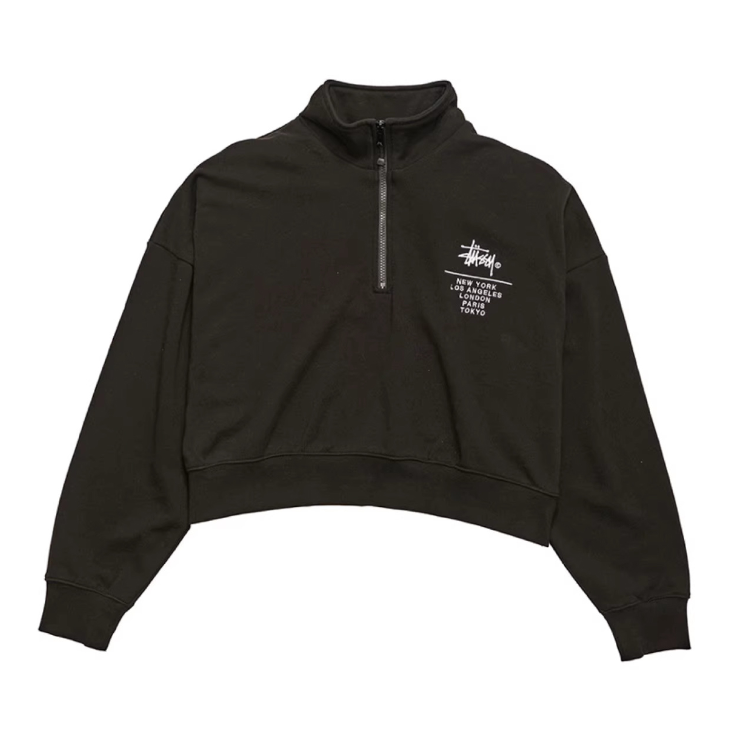 Women’s Stussy 1/4 Zip Oversized Cropped Fleece Jumper | Black (M)